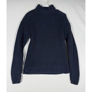 L.L. Bean Signature Cable Knit Organic Cotton Sweater Medium Blue Mock Neck EUC